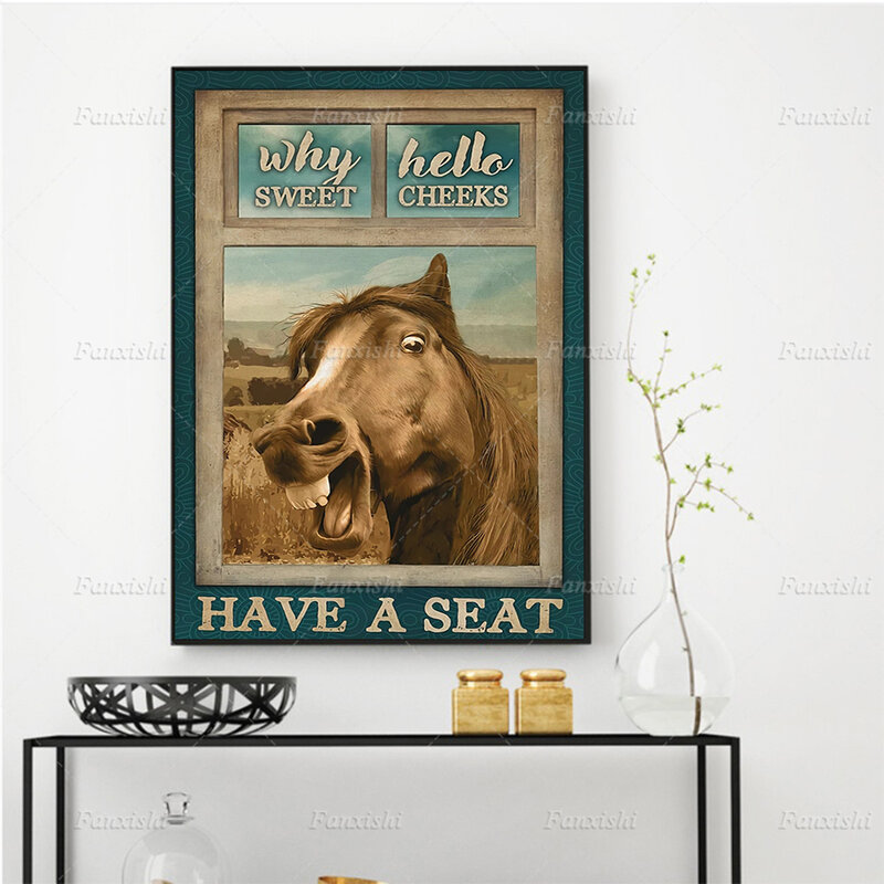 Affiche humoristique avec motifs de Hello Cheeks has A Seat Horse, impressions murales nordiques, peinture sur toile avec animaux rétro, décor d'images modulaires