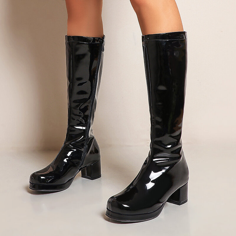 New Hot Women High Keen Boots Patent Leather Waterproof Knee High Boots White Red Party Fetish Boot Women's Shoes Autumn Winter