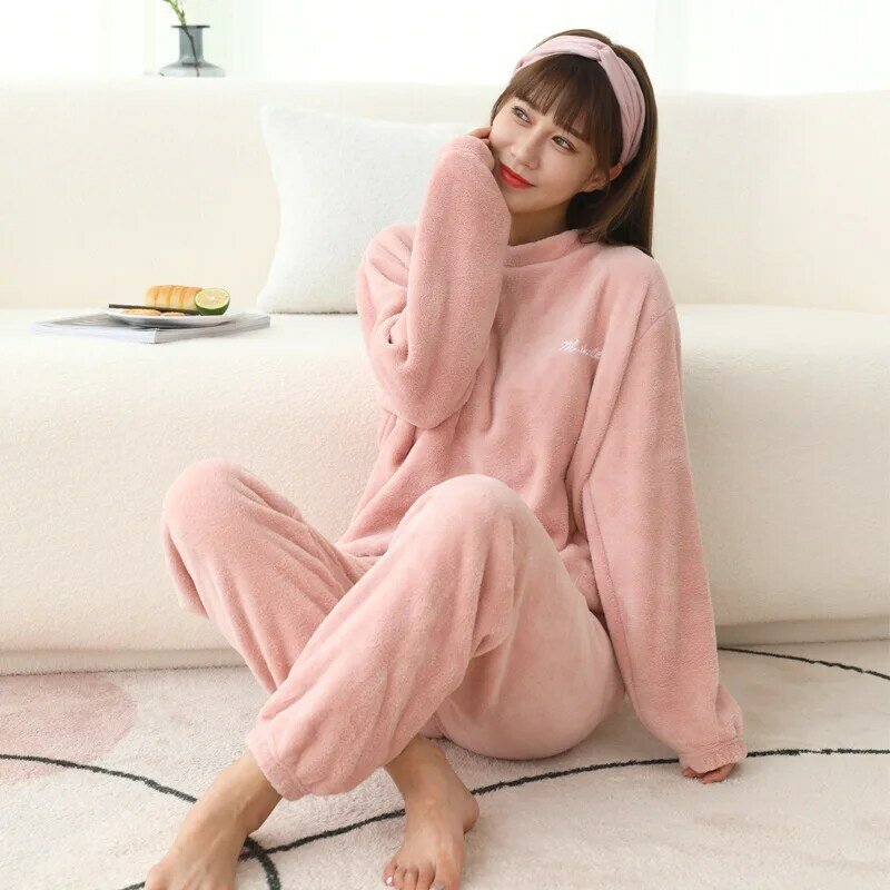 Women two-piece set coral velvet pajamas round neck solid color casual home clothes, autumn and winter new fashion pant sets