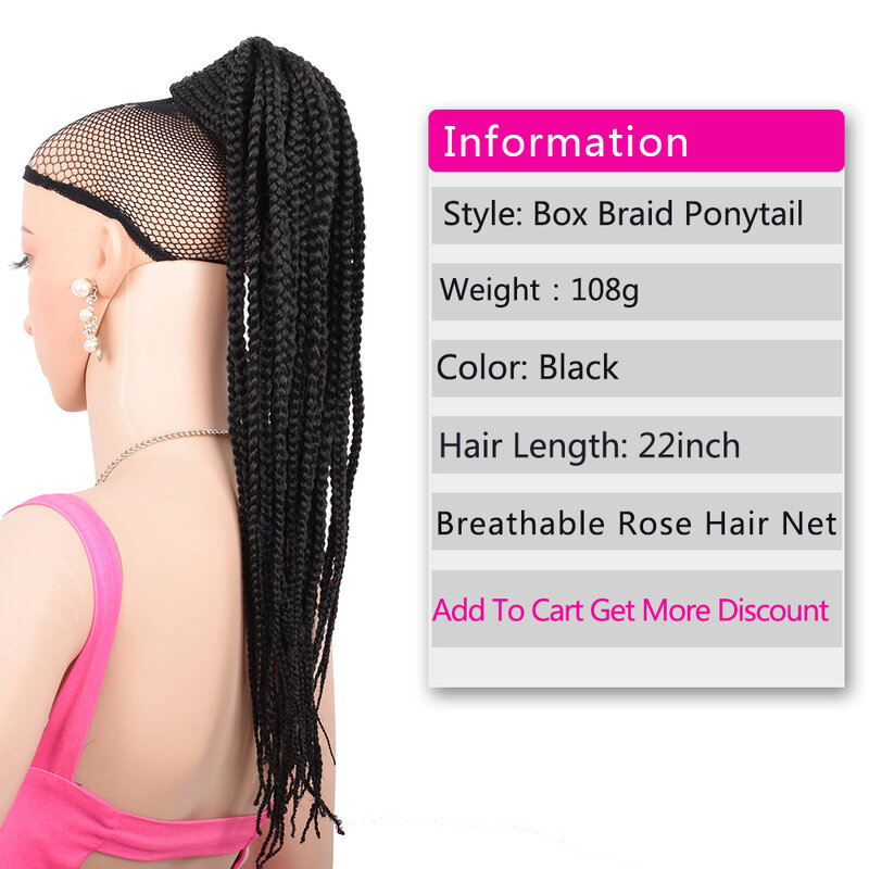 22inch Long Box Braid Drawstring Ponytail Extension Synthetic Natural Fake Hair Clip in Hairpiece Pony Tail Wig