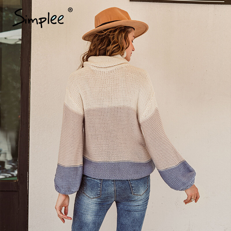 Simplee Casual kontrastowy kolor luźny sweter damski rękawy typu lampion sweter damski elegancki jesienno-zimowy ciepły sweter