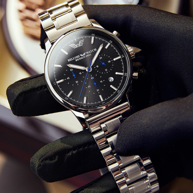 Relógio belushi relógio de aço inoxidável relógios masculinos cronômetro cronógrafo relógio de luxo para homem à prova dwaterproof água relógio de pulso de quartzo