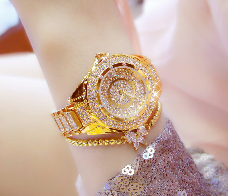 Reloj de cristal para mujer, pulsera de cuarzo resistente al agua con diamantes ostentosos de lujo, oro rosa y plata, esfera de 32mm, regalo de joyería