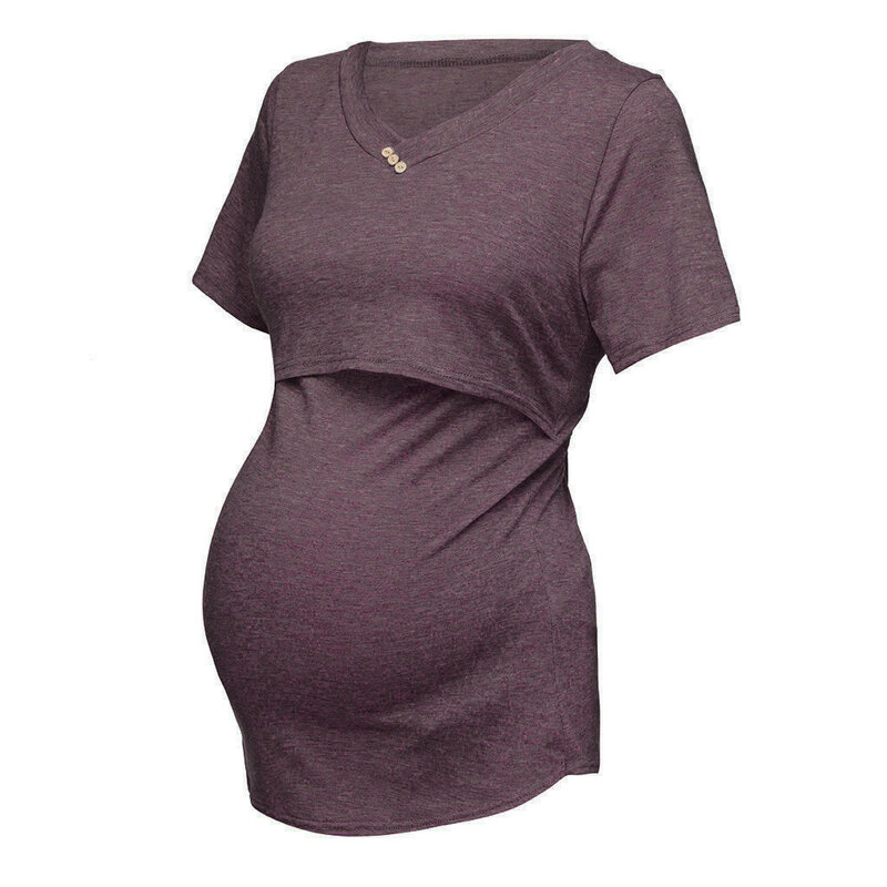 المرأة قصيرة الأكمام لون نقي بلايز الرضاعة الطبيعية Nusring ملابس حمل بلوزة الحوامل ملابس حمل صيف جديد