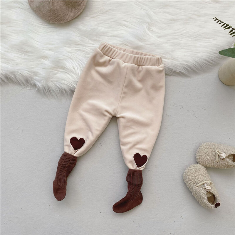 2021 infantil da menina do bebê leggings inverno novo bonito sólido amor imprimir calças para a criança mais veludo quente crianças roupas meninas 0-2y
