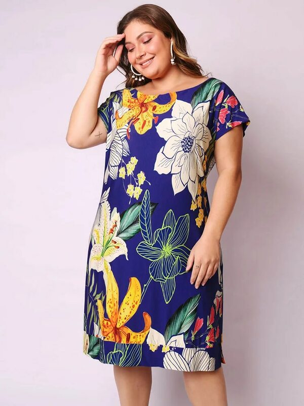 Blue Floral Print Plus Size Midi Dress 2022 Summer Elegant Strappy Hollow-out Casual Dress Women Short Sleeve Party Dresses 5XL