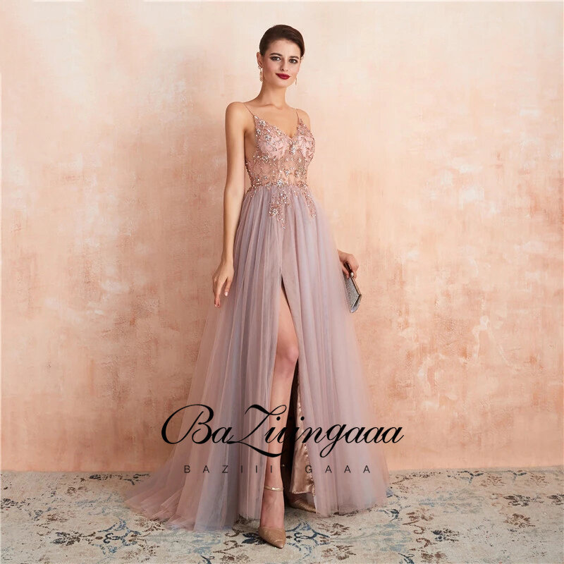 Dark Pink Prom Dresses Long 2021 V Neck Beading High Split Tulle Sweep Train Sleeveless Evening Gown A-Line Backless Vestido De
