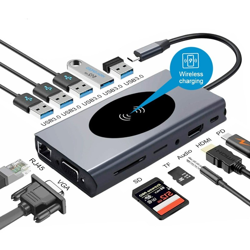Stasiun Dudukan USB Tipe C HUB Ke Adaptor Yang Kompatibel dengan HDMI OTG Vga RJ45 Lan Multi USB PD 3.0 USB-C untuk MacBook Pro Air 4KSplitter