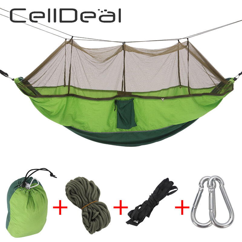 CellDealแคมปิ้งเปลญวนกับยุงNet Pop-Upแบบพกพากลางแจ้งร่มชูชีพเปลญวนSwing Sleeping Hammock Camping Stuff