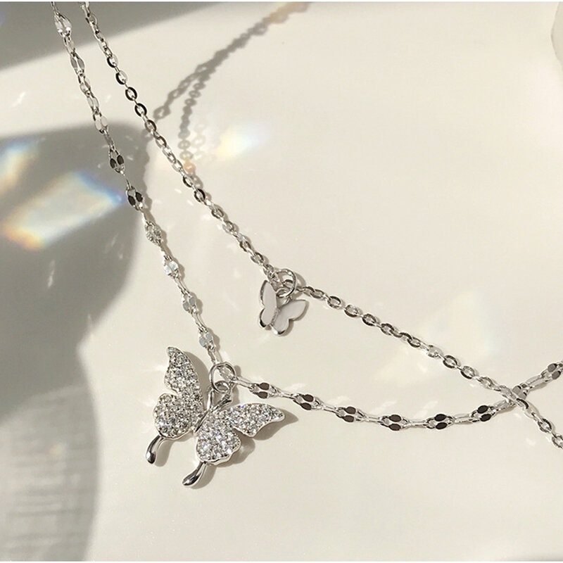 HKMMH 925 Sterling Silver Double Layer Butterfly Zircon Necklace 2021 New Female Light Luxury Birthday Gift Elegant Jewelry