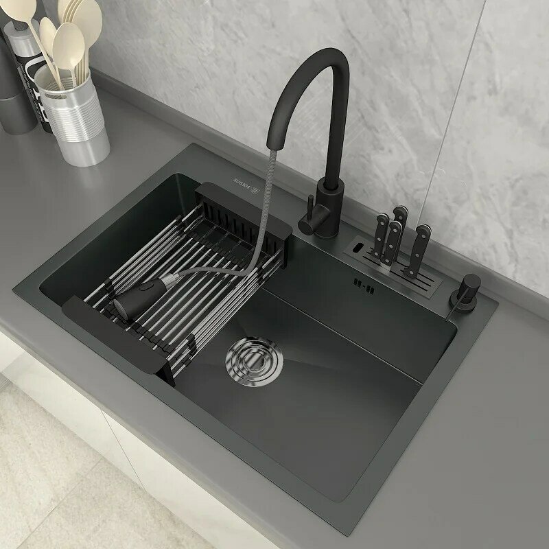 AUSWIND-أحواض مطبخ من الفولاذ المقاوم للصدأ ، وعاء واحد مع حامل سكاكين وملحقاته ، حوض أسود مركب تحت التثبيت