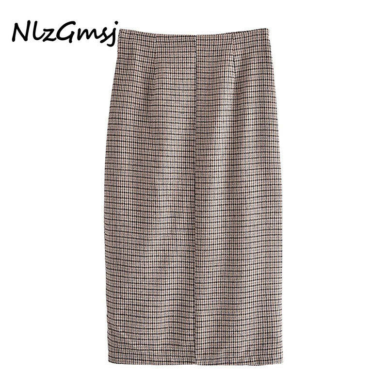 Nlzgmsj-falda a cuadros para mujer, falda a media pierna, de cintura alta, Estilo Vintage, a la moda, otoño, 2021, 202110