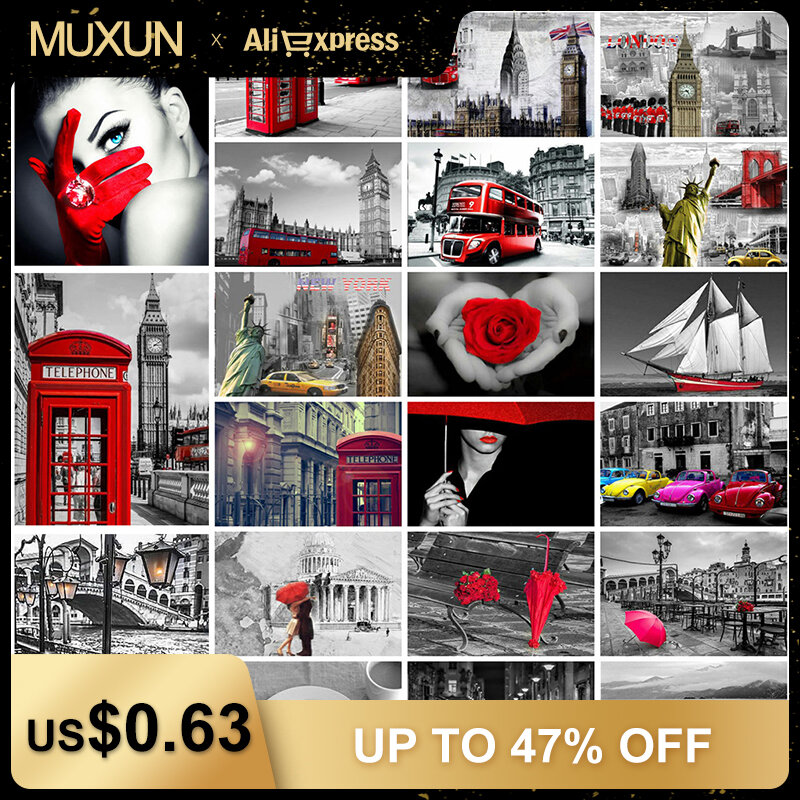 MUXUN – peinture de diamant paysage 5D, mosaïque de fleurs, image de strass, broderie, séries rouge et noir, décor de maison