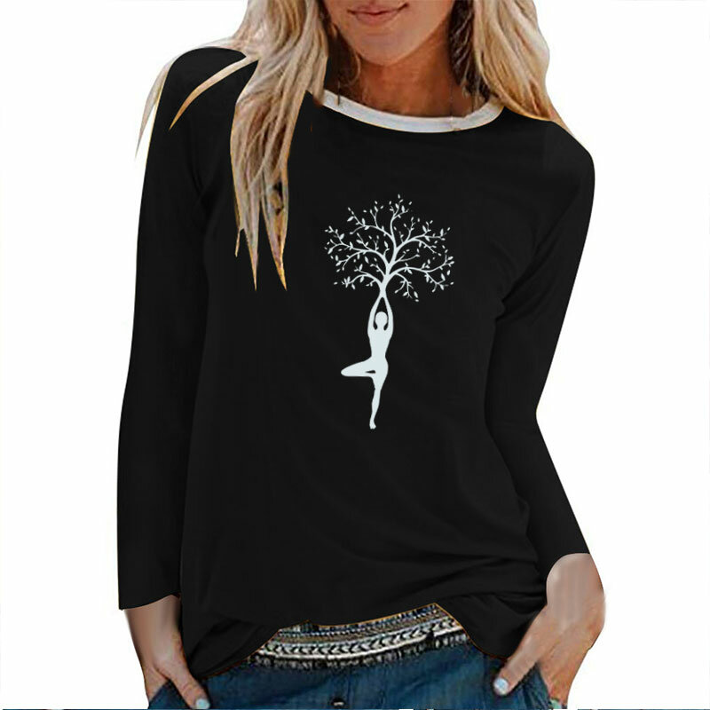 Женская хлопковая футболка с длинным рукавом, принтом в виде дерева, с круглым вырезом