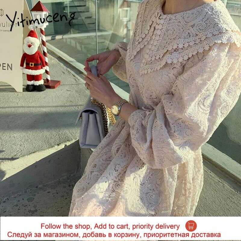 Yitimuceng Spitze Kleider für Frauen Schärpen Koreanischen Mode Maxi Kleid Langarm Büro Dame Apricot Grau sommerkleid 2021 Frühling