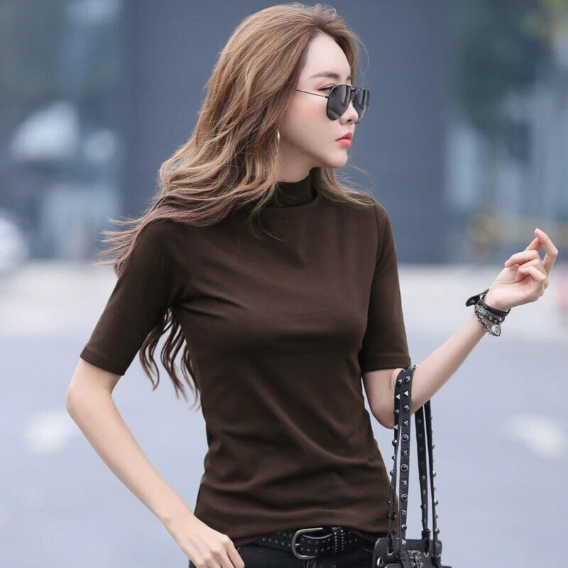 Mode Halbe Hülse Solide T Shirt Frauen Baumwolle Hälfte Rollkragen T-shirts Sommer Koreanischen Stil Kleidung Lässig Grundlegende T Shirt Femme