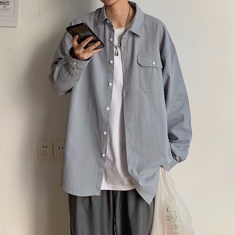 Camisa Coreana de manga larga para hombre, camisa informal japonesa, suelta, chaqueta de manga larga, ocho colores [M-3XL]