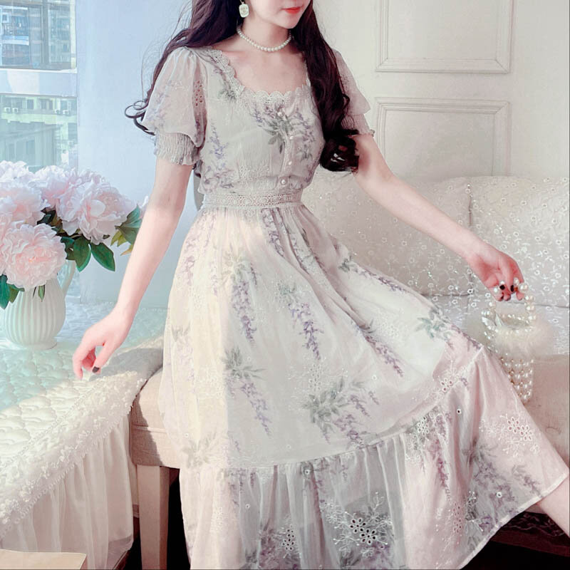 한국 문학과 예술 빈티지 우아한 시크 드레스 여성 캐주얼 레이스 할로우 플로랄 디자인 드레스 2021 여름 스퀘어 칼라