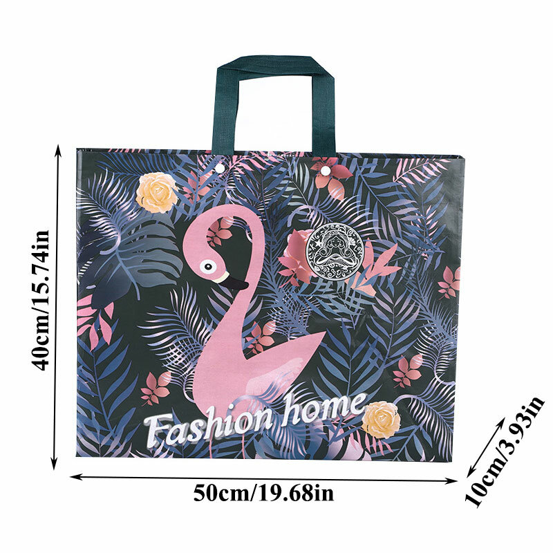 Tas Belanja Pola Bunga Flamingo dengan Tombol Kain Nontenun Tas Lipat Berlapis Film Tas Bawa Pulang Tas Belanja Perjalanan