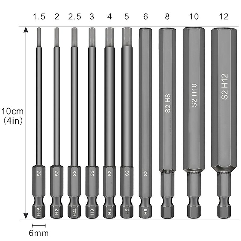 10pcs 1.5-10mm 1/4 ''Kit di punte per cacciavite a testa esagonale chiave a brugola punta da trapano 100mm S2 punte da cacciavite in acciaio metrico