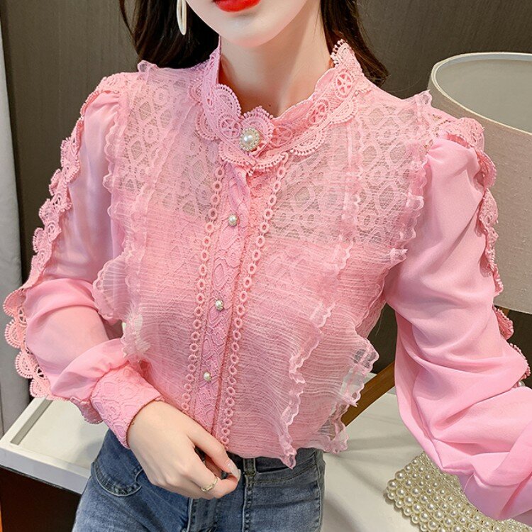 Outono coreano doce solto babados roupas femininas blusas moda collat senhoras topos do laço vintage camisas femininas