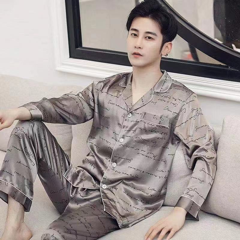 Homens pijamas de duas peças conjunto de seda fina pijamas casa terno de mangas compridas calças serviço de casa masculino lounge wear conjuntos de roupas masculinas