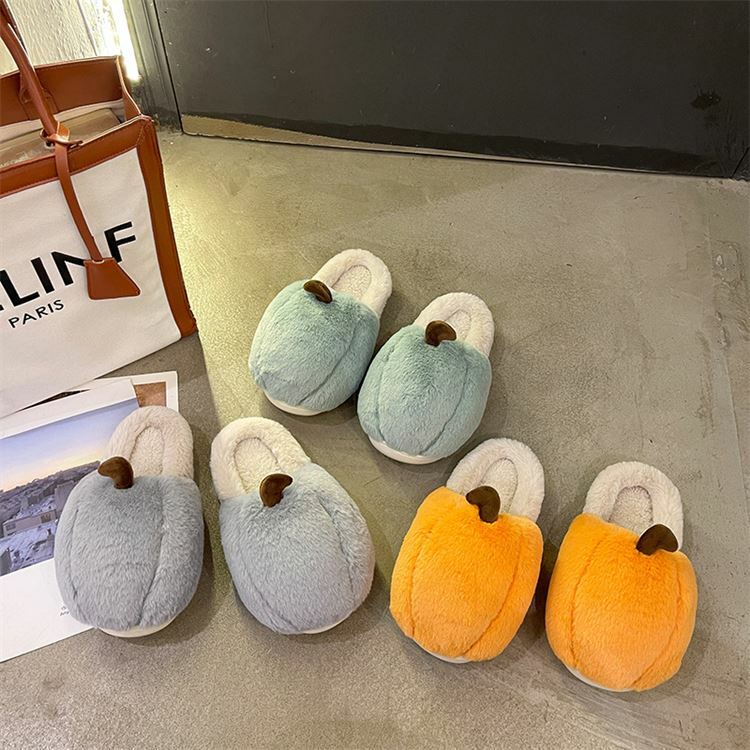Pumpkin-shaped Baotou Woolen Slippers, Soft-soled House Cotton Shoes, Winter Indoor Cute Solid Color Unisex Shoes