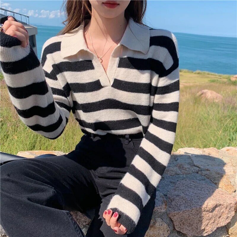 Maglione Pullover a righe bavero femminile coreano primavera sciolto studente morbido ceroso manica lunga maglione Top