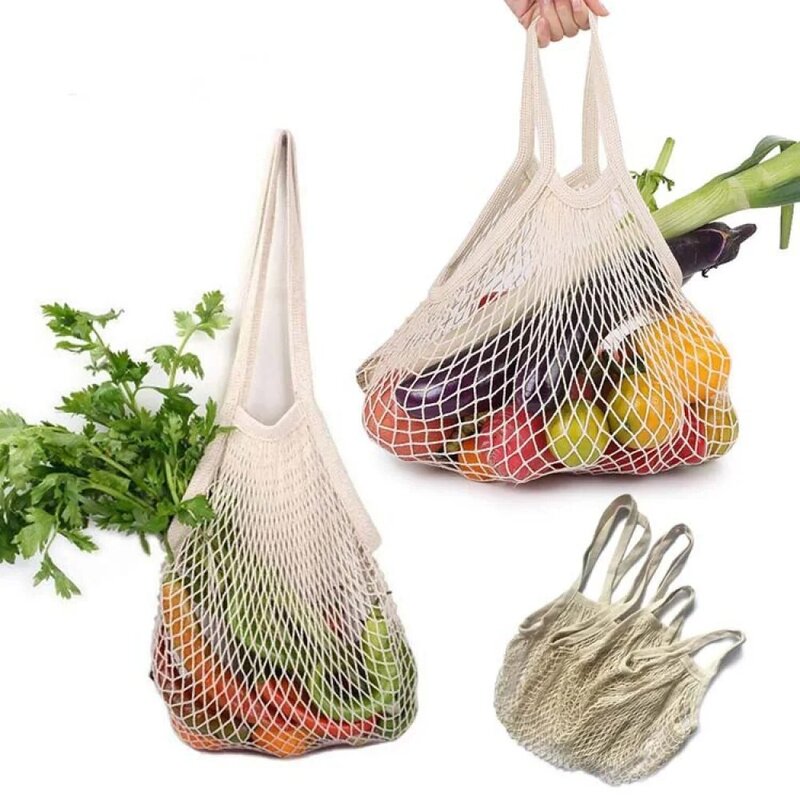 Bolsa portátil reutilizable para frutas y verduras, bolsa de comestibles de algodón lavable, cadena de malla, organizador orgánico, bolso de mano con asa corta, bolso de red