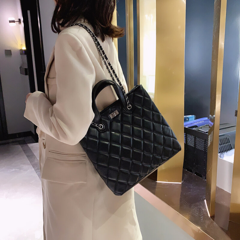 Брендовая дизайнерская клетчатая стеганая женская сумка, модная сумка через плечо с цепочкой, Большая квадратная сумка-тоут