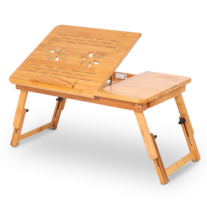 Mesa de bambú ajustable, con estante, para ordenador, para dormitorio, sirve como mesa de luz o de lectura, 1 unidad