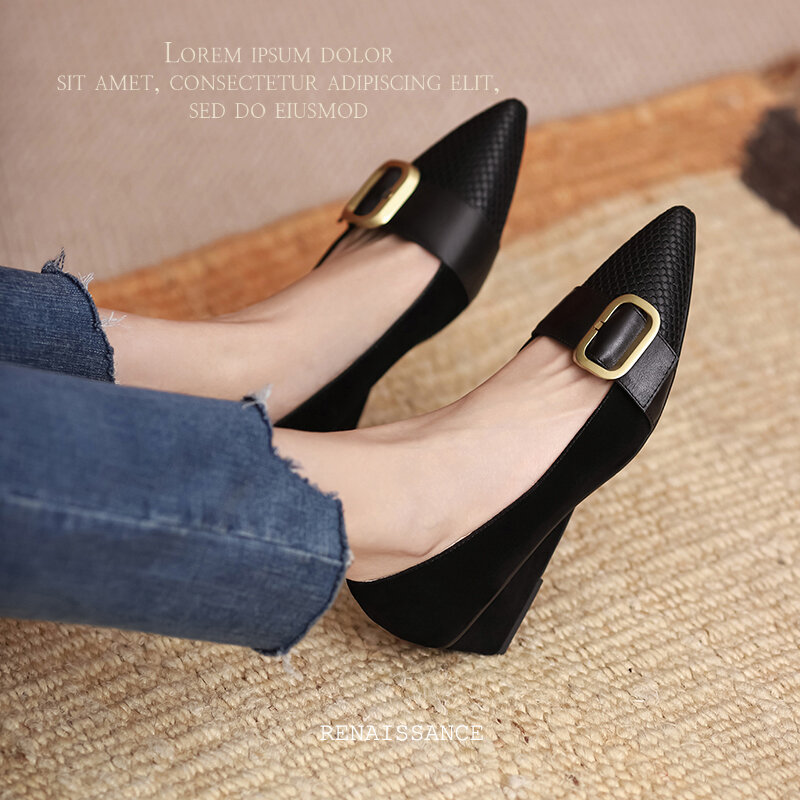 Women Pumps natural leather shoes 22-24.5 cm length Cowhide + sheep suede upper mesh decorative buckle wedge heel shoes 3 colors