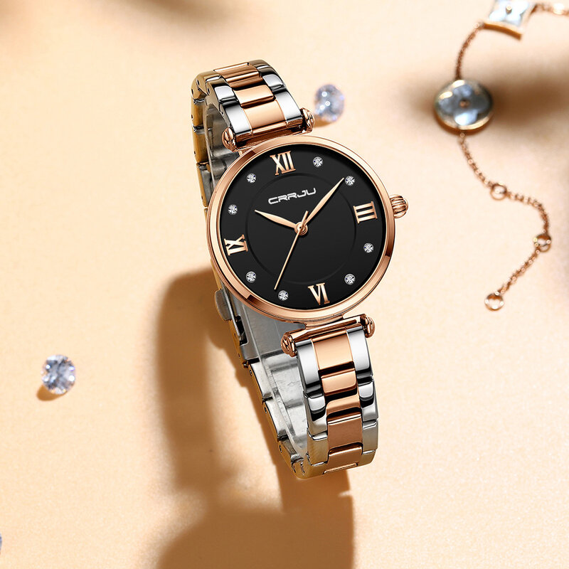 Crrju relógios femininos famosa marca de luxo diamante aço inoxidável elegante feminino quartzo relógios moda reloj mujer senhoras vestido wa
