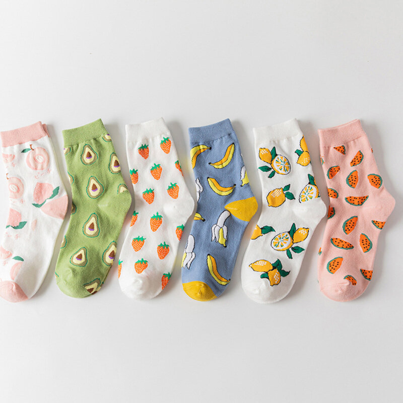 12 Pairs/Lot Cute Woman Socks Girl’s Cartoon Fruit Avocado Peach Funny Cotton Socks Ladies Comfortable Soft Casual Long Socks