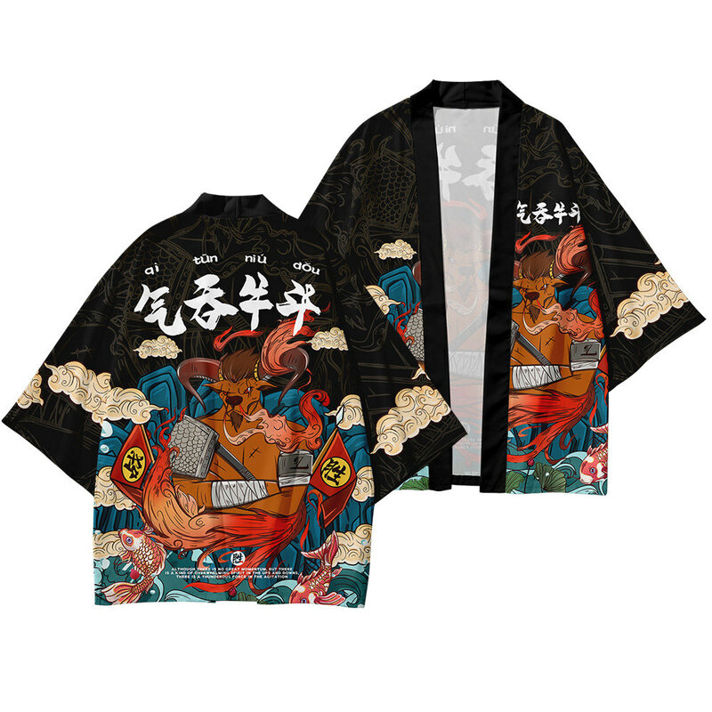 Кардиган юката мужской с принтом, модная Свободная блузка, хаори Оби, азиатская одежда в стиле Харадзюку, кимоно и брюки, черный костюм