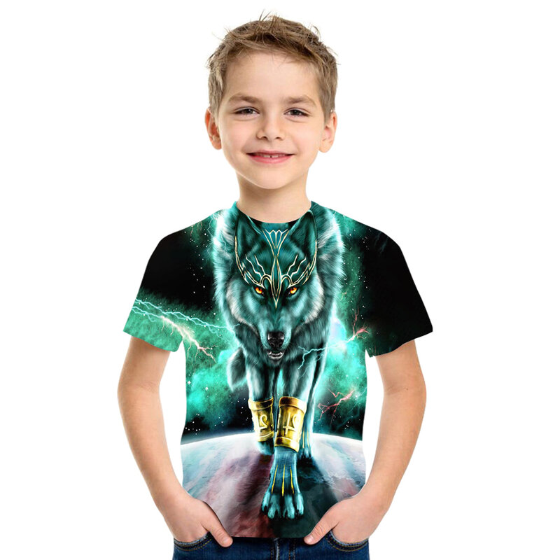 4T-14T-Year-old ใหม่ผลิตภัณฑ์ Young Boy หรือ Girl 3D Wolf พิมพ์เสื้อรอบคอเสื้อยืดเด็กใหญ่ขายร้อน