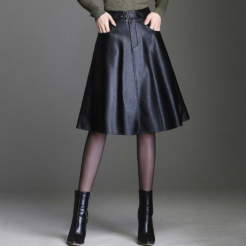 Falda de cuero con bolsillos y cintura alta para mujer, faldas elegantes de cuero Pu con corte en A, color negro, tallas M/4Xl, K1362