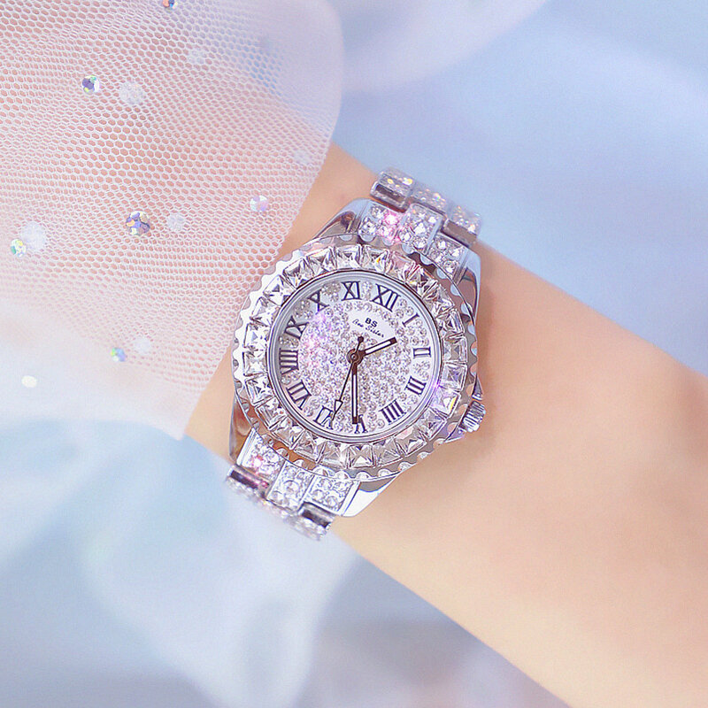 Bs moda feminina relógios elegantes strass cristal vestido relógios de luxo marca senhoras relógio de pulso mulher quartzo relogio