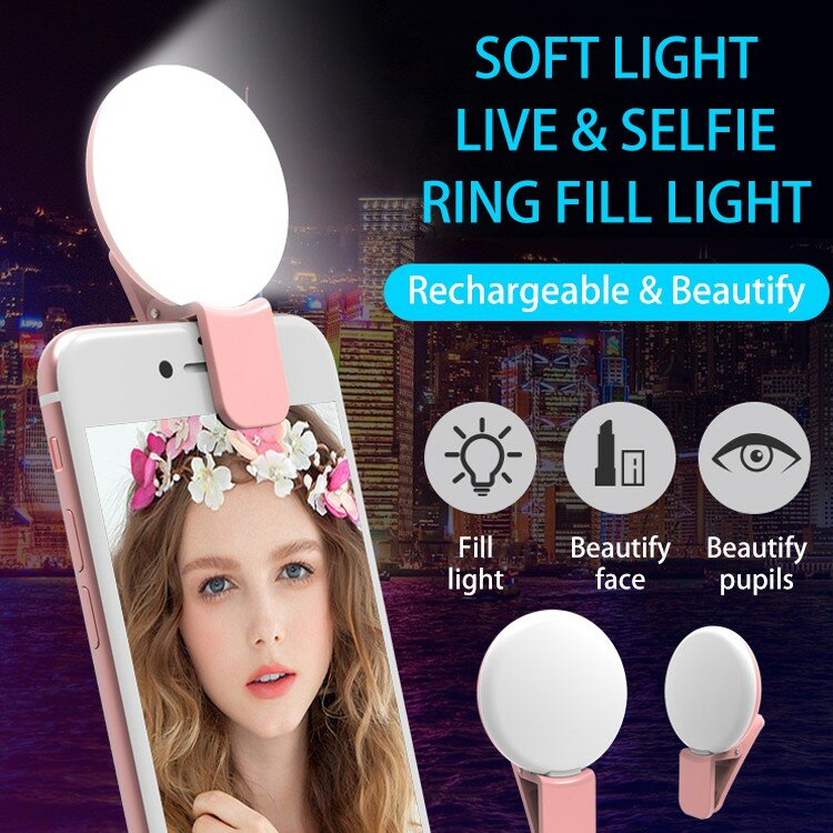 Selfie anel luz recarregável telefone beleza luz de preenchimento led beleza pele 360 graus rotação entrega rápida
