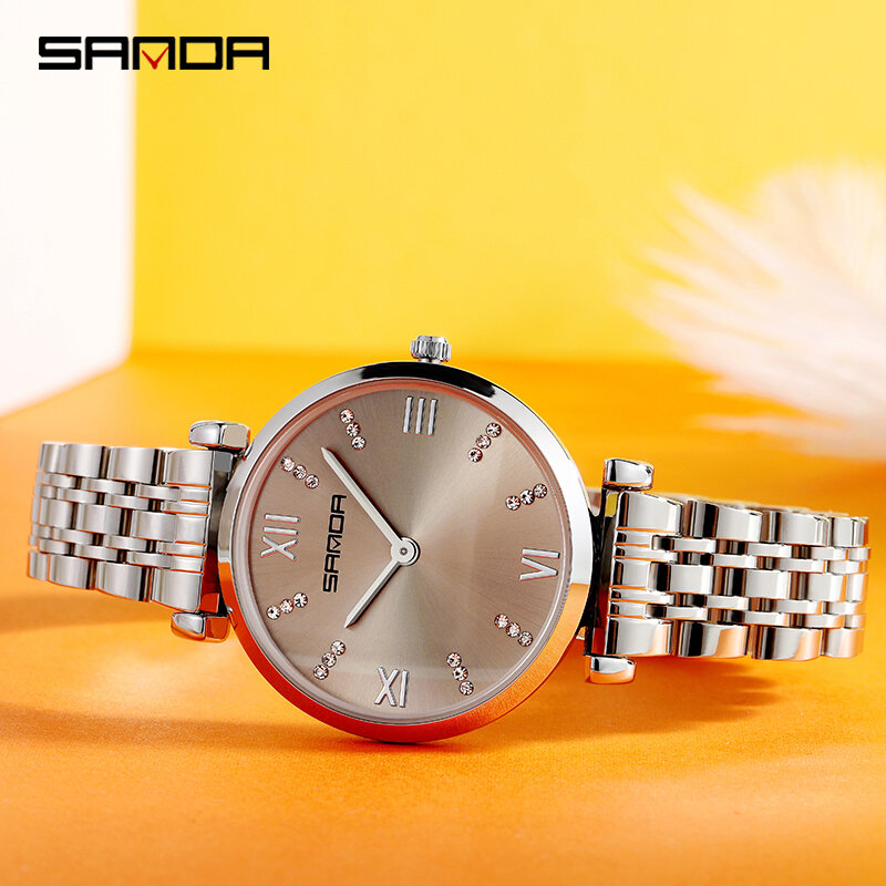SANDA-Relojes de pulsera de acero inoxidable para mujer, pulsera femenina de diseño de lujo, de marca superior, a la moda