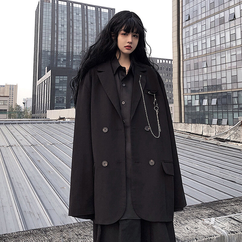 2021 여성 블레이저 블랙 봄 가을 정장 재킷 여성 느슨한 새로운 기능 어두운 긴팔 캐주얼 코트