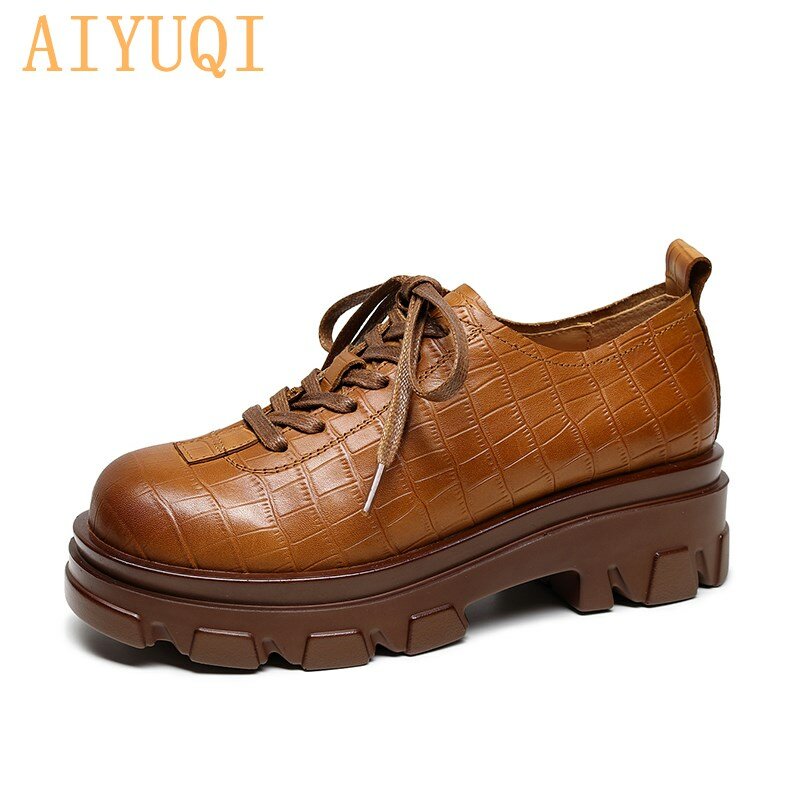 Shoes Women Spring 2022 New Natural Genuine Leather Thick-soled Women's Vintage Shoes Lace-up Platform Spring Shoes For Women