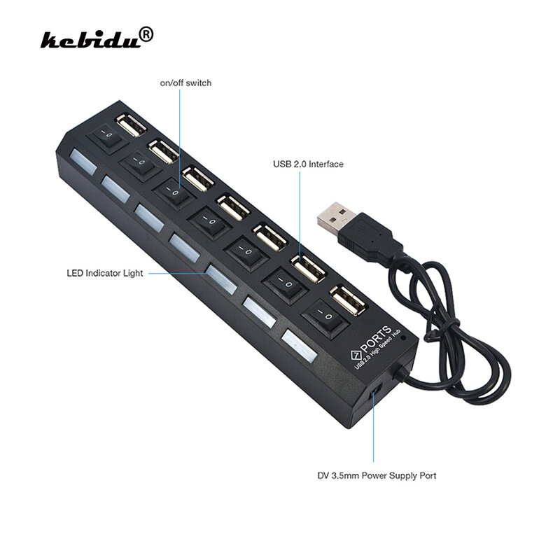 Kebidu-concentrador de puertos USB 2,0 de alta velocidad, nuevo adaptador Multi de 7 puertos, interruptor de encendido/apagado, divisor USB portátil para ordenador y portátil