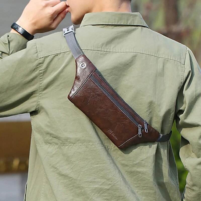 Pochete de couro marrom vintage para homens, bolsa de cintura pequena para viagem, para celular, de couro