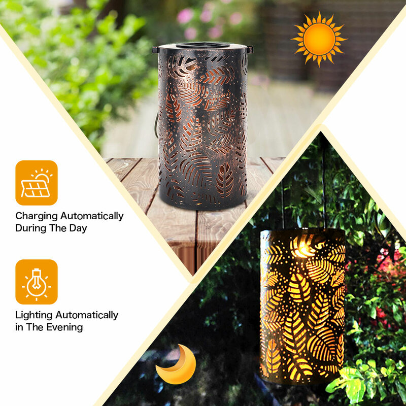 Luz Solar Retro de 2 piezas para decoración de jardín al aire libre, lámpara colgante con patrón de hoja de Metal, impermeable, para Patio y Patio