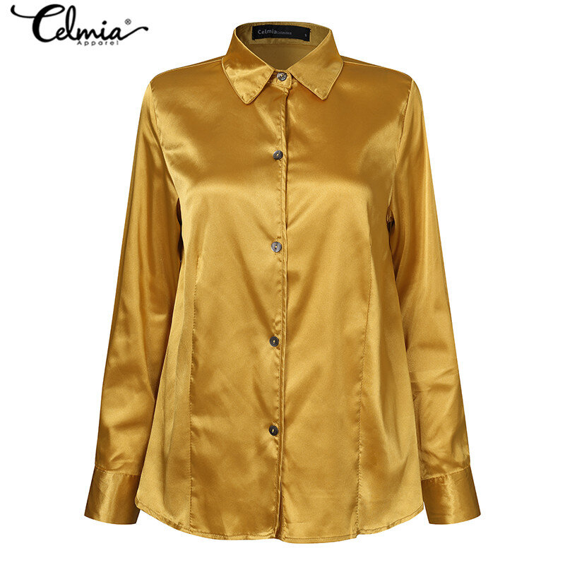 가을 여성 새틴 셔츠 Celmia 2021 패션 긴 소매 실크 블라우스 옷깃 버튼, 우아한 튜닉 탑 솔리드 블라우스