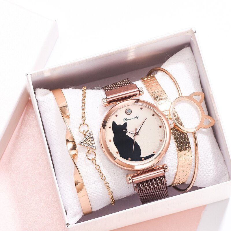 Moda relógio de pulso conjunto feminino 5 pçs quartzo pulseira de malha gato dial luxo mulher relógio casual senhoras relógio relogio femenino