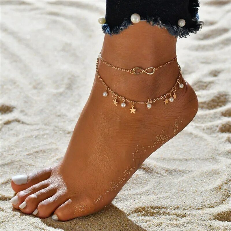 KOTiK-Juego de tobilleras Vintage para mujer, pulsera de tobillo ajustable multicapa de Color dorado y plateado, joyería de playa para pierna y pie