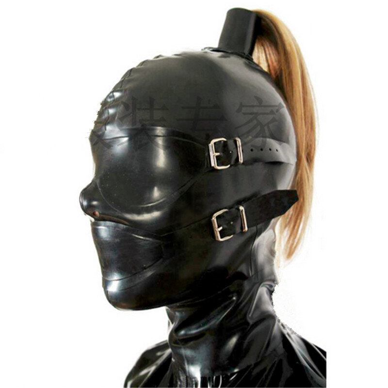 Nuovo Unisex Delle Donne Maschera di gomma Cappuccio di Lattice con posticci parrucche coda di cavallo a mano con la parte posteriore della chiusura lampo