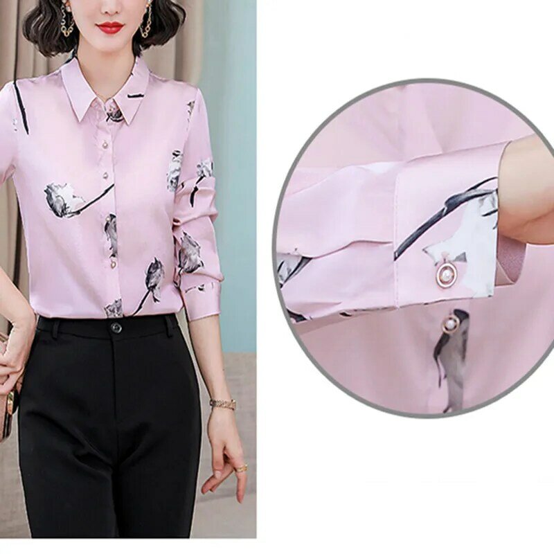 Primavera camisa feminina manga longa topos para as mulheres vintage impresso floral seda roupas femininas 2021 botão até polo pescoço camisas básicas